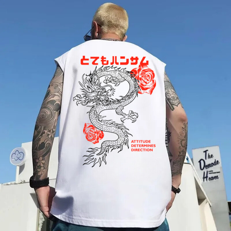 Regata Oversized Camiseta Cavada Estampada Sleeveless Dragão StreetWear Paiting Japones