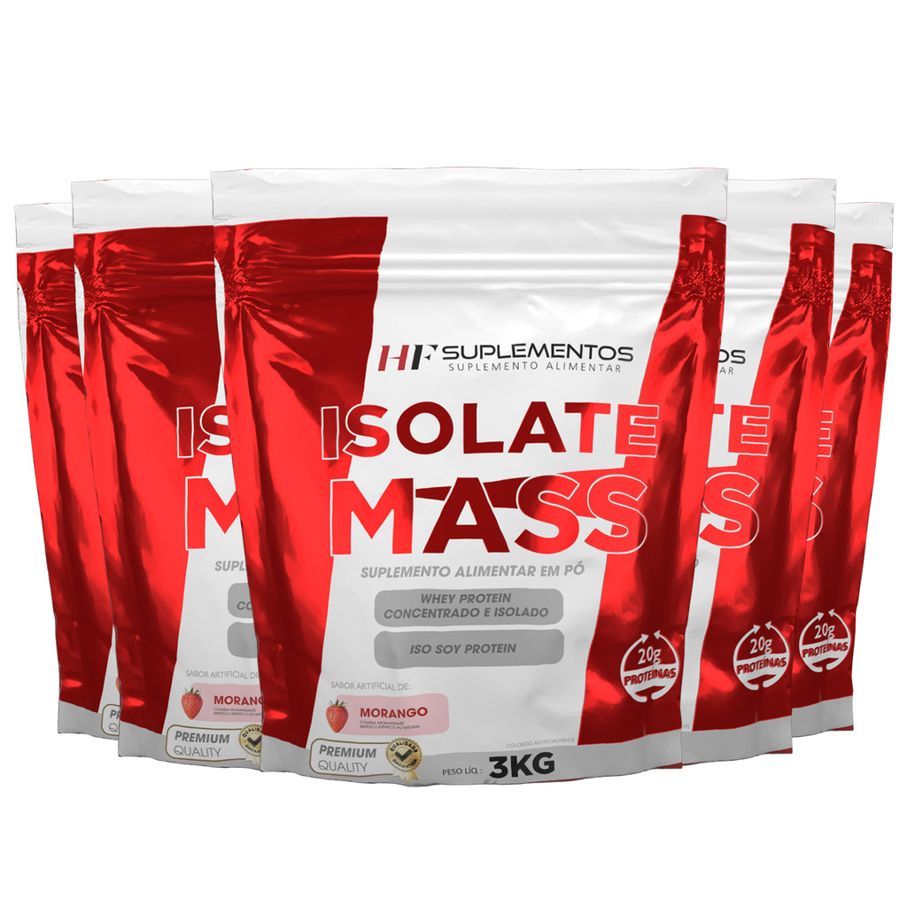 Kit 5 unidade Hipercalórico Isolate Mass Morango 3KG Em Pó HF Suplementos – Energia, Massa Magra e Desenvolvimento!