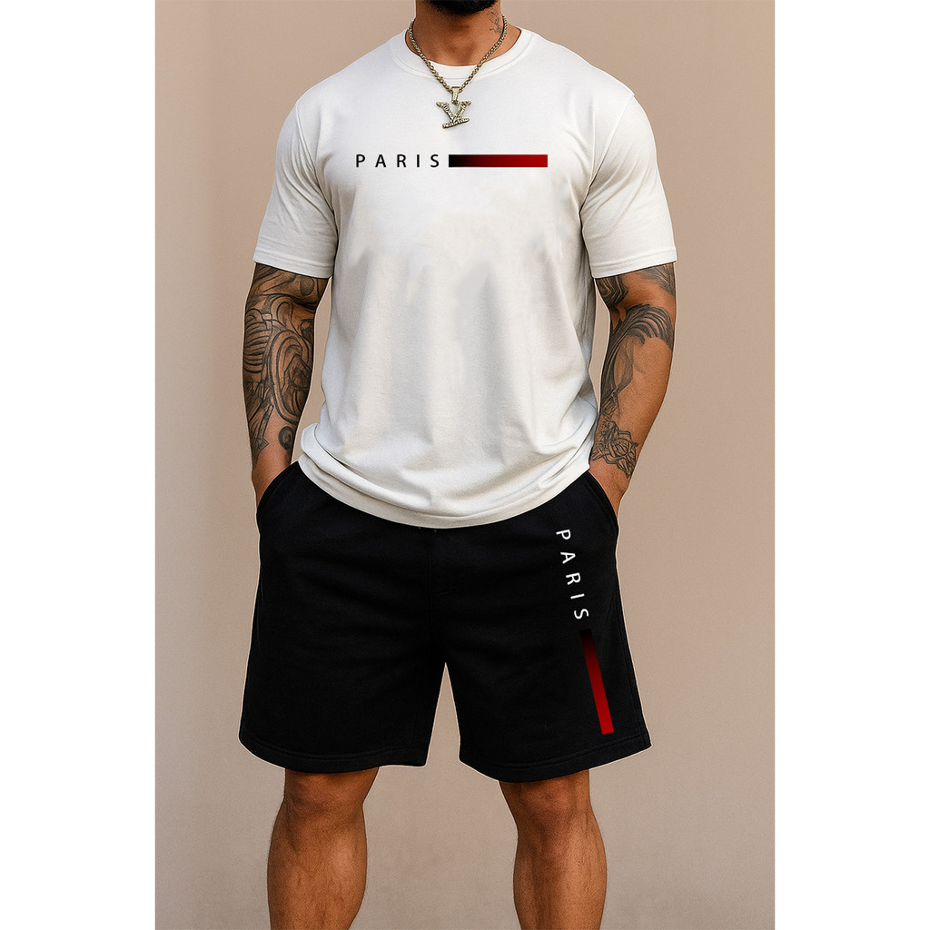 Conjunto Masculino Camiseta e Short Paris Degradê Vermelho Camisa e Bermuda Premium