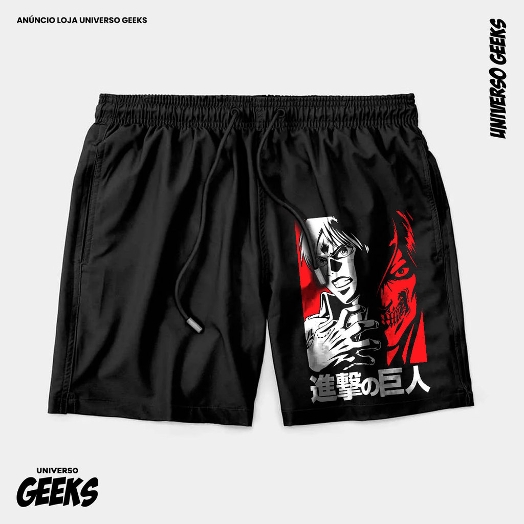 Bermuda Tactel Attack On Titan Eren Titã Jäger Short Confortável Com Elastano Ideal Lazer Treino Esportes Praia
