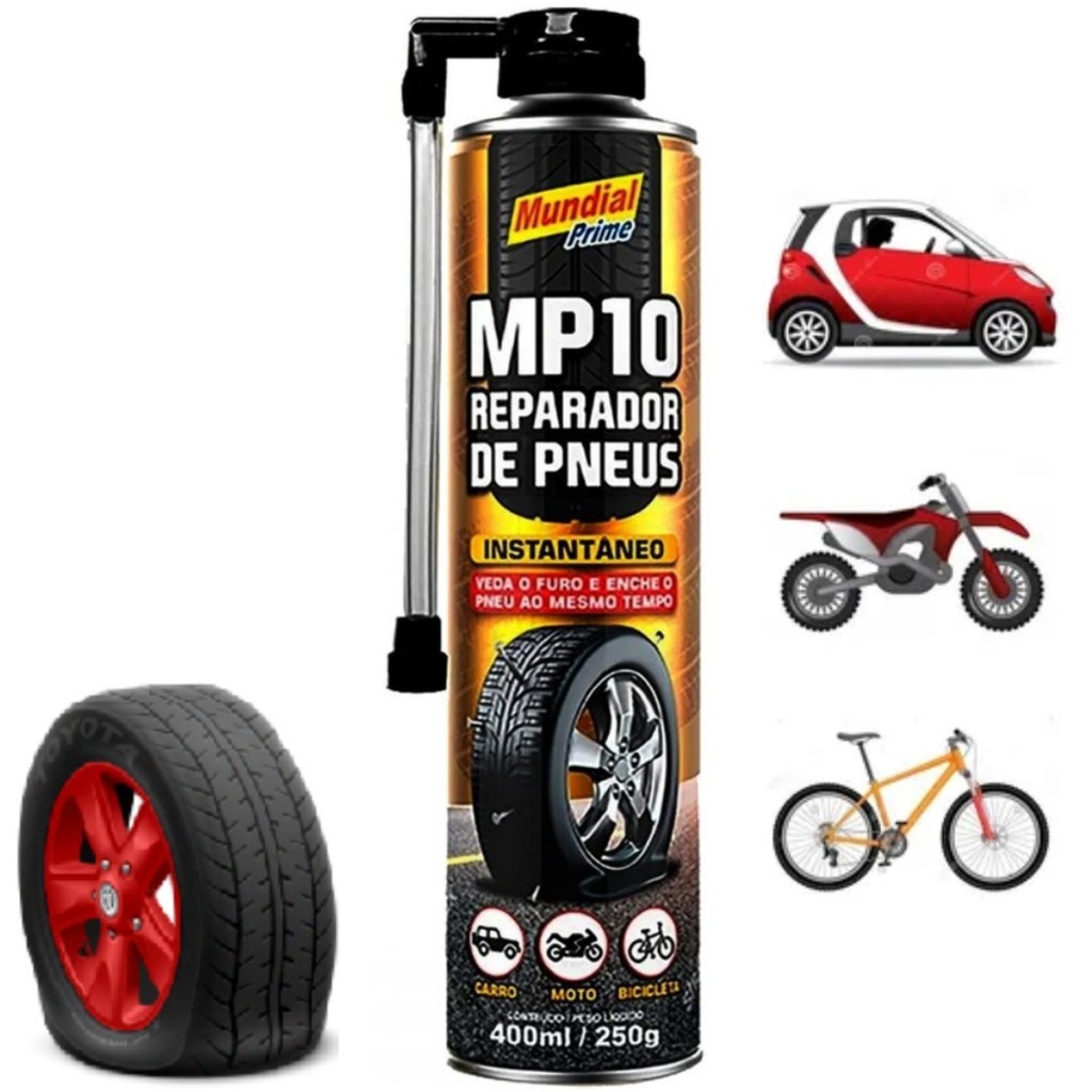 01 Reparador de Pneu Furados Spray Instantâneo Mundial Prime 400ml Veda Furo Enche Bicicleta Carro Moto Bike Inflador em Oferta na Shopee