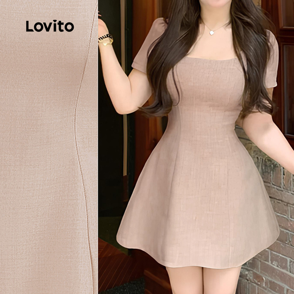 Lovito Vestido Elegante com Zíper  Pregas  Primavera/verão  Vestido Caqui para Mulheres L142LD159 em Oferta na Shopee