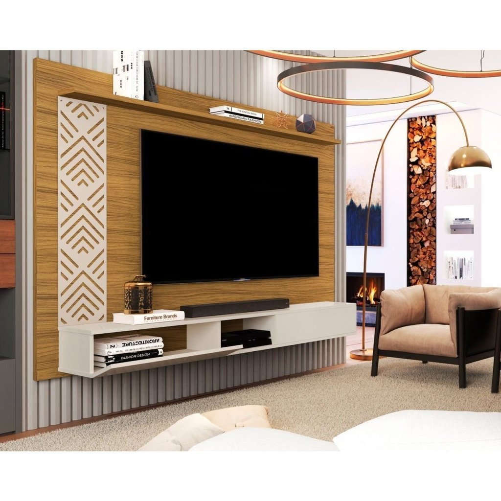 Painel para TV até 60 Polegadas MDF 170cmx123cm Prateleira Nicho 1 Porta Roma Marrom Nature/Off White Nature/Off White