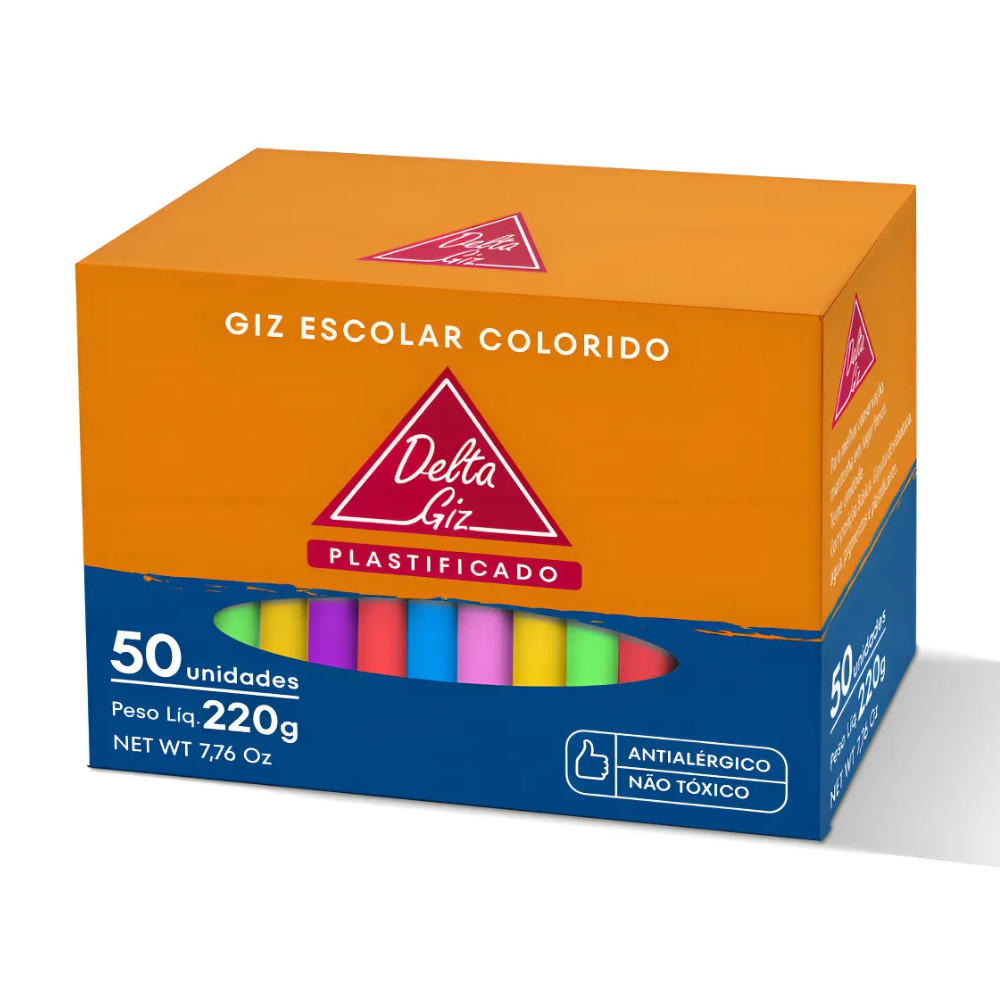 Giz de Lousa Colorido Caixa c/ 50 Unidades Não Tóxico - Delta Giz | Escolar | Brincadeiras | Escrita