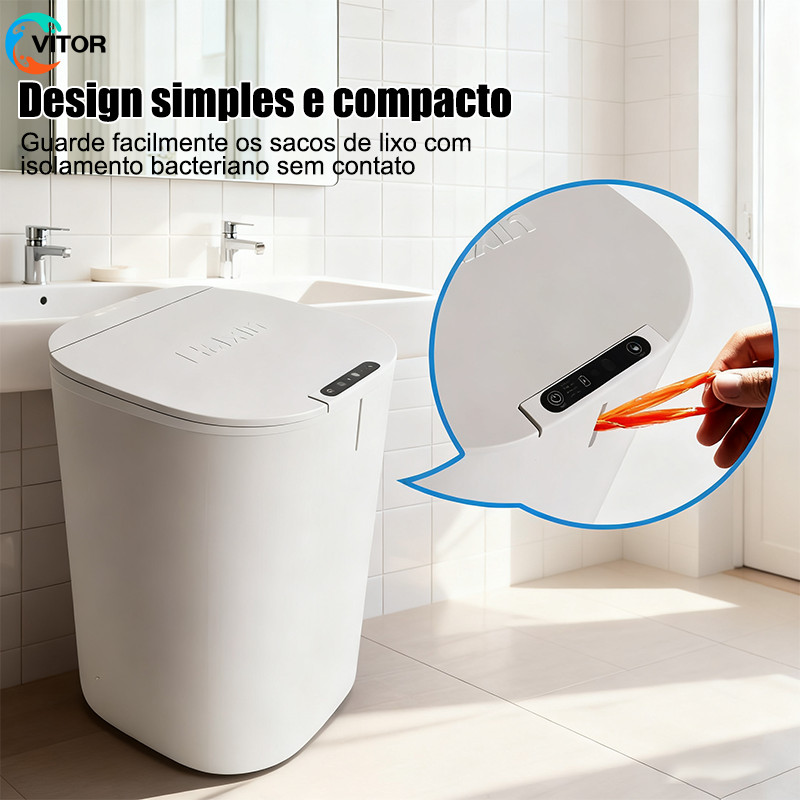 Lixeira Inteligente 16L com Sensor Automático – Tampa Sem Toque, Energia Solar e Bateria de Lítio VITOR