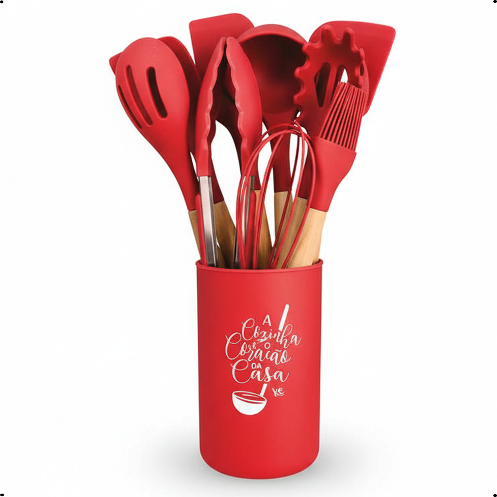 Kit Utensílios Cozinha 12 Peças Bambu Silicone Espatula Colheres Preparar Servir Vermelho Chicago
