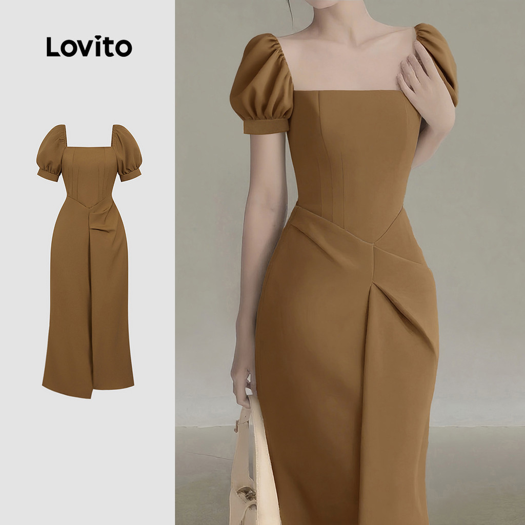 Lovito Vestido Elegante com Pregas Estrutura de Linhas Passeio Na Primavera/verão Cáqui claro L155ED1822 em Oferta na Shopee
