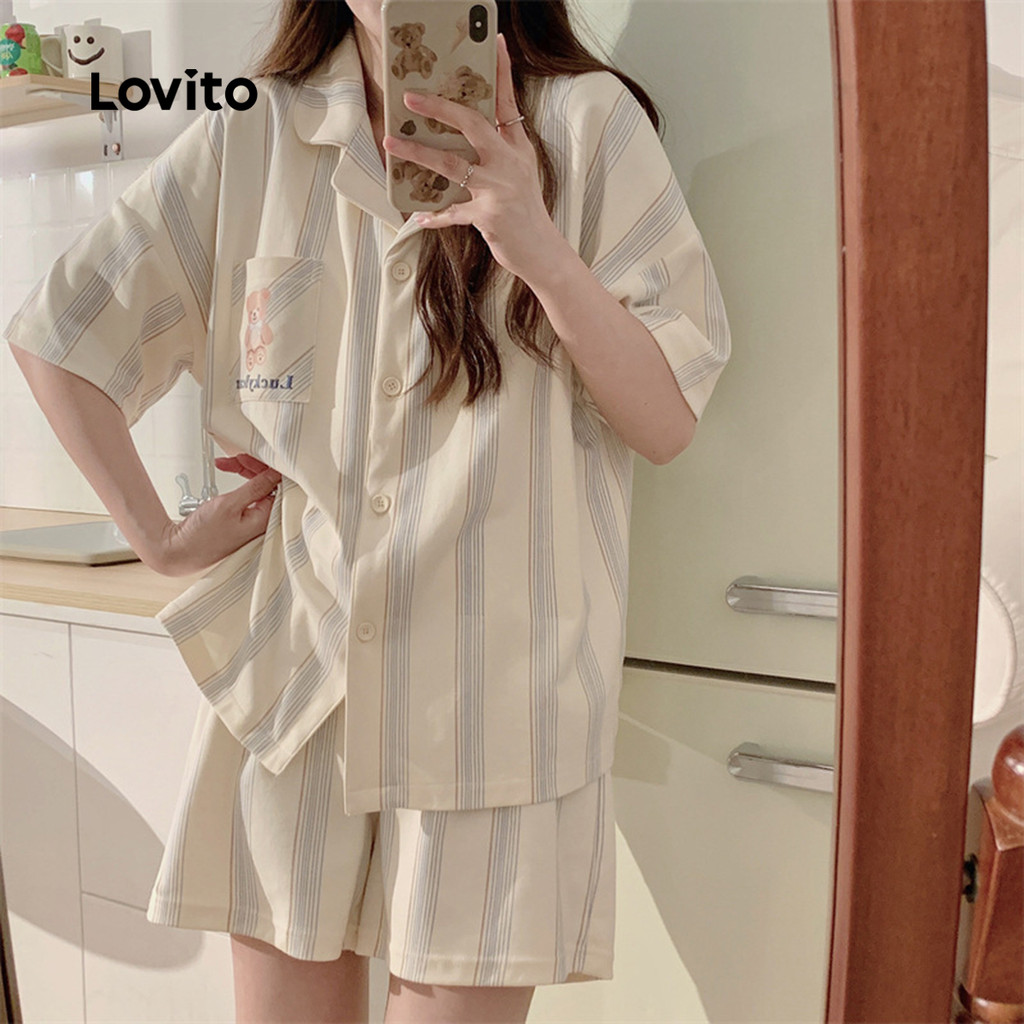 Detalhes do Lovito Conjunto de Pijama 2 Peças Fofo Confortável para Casa Camisa Ampla Mãe/Verão para Mulheres LNE121124