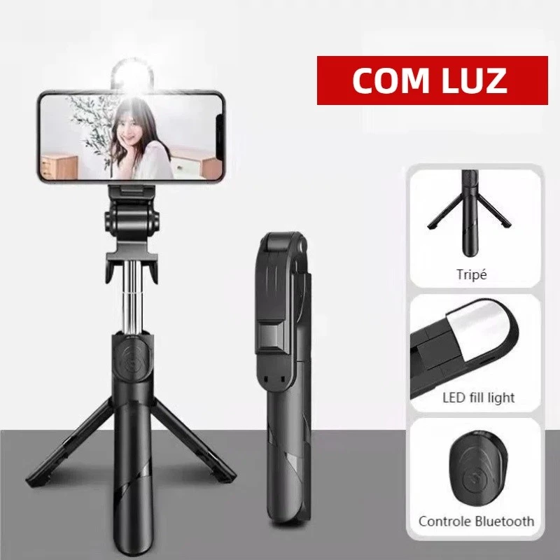 Bastão Pau de selfie Tripé Retrátil Com Luz LED Controle Bluetooth Celular — imagem 1