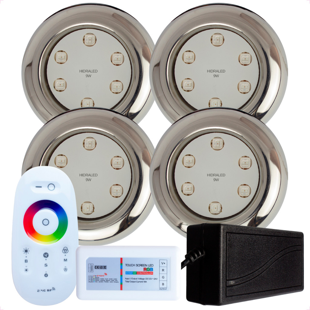 Kit 4 Refletores Led 9w RGB Inox S e Comando para Iluminação Piscina