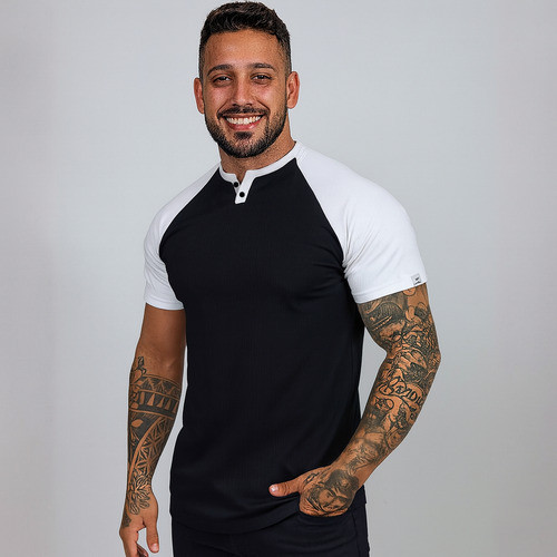 Camiseta Masculina Henley Slim Manga Curta Casual Moderno duas cores Branco e preto alta qualidade conforto slim em Oferta na Shopee