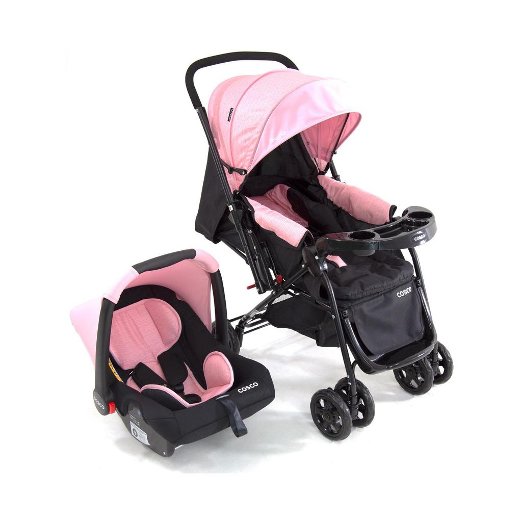 Carrinho de Bebe Travel System Duo Reverse Rosa Rajado com Bebê Conforto - Cosco em Oferta na Shopee