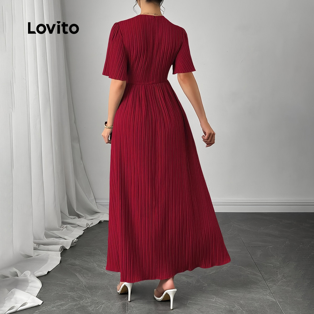 Detalhes do Lovito Vestido Elegante De Natal/ano Novo Com Franzidos Cor Vinho Para Mulheres Ideal Para Primavera/verão LBL30048