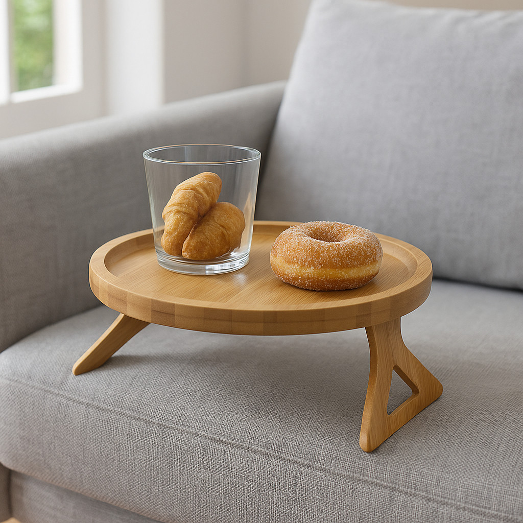 Bandeja Redonda de Bambu Natural para Braço de Sofá 25cm Suporte Copos Snacks Prática e De...