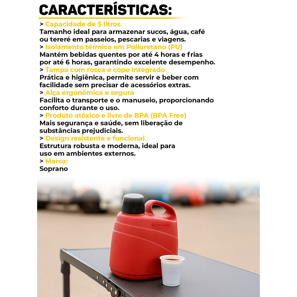 Detalhes do Garrafa Garrafão Térmico 5 Litros Óasis Soprano Quente E Frio P/ Água Café Chá Tererê