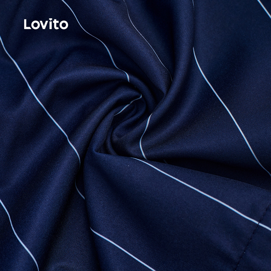 Detalhes do Lovito Conjunto Feminino Blusa Calça Listrada Botões Primavera/verão Azul Luxo LBL30222