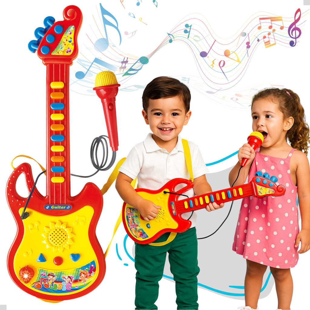 Guitarra Infantil P/ Bebês Criança Com Microfone 3 Modos Som