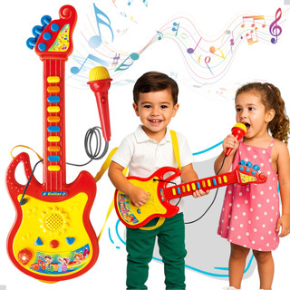 Guitarra Infantil P/ Bebês Criança Com Microfone 3 Modos Som