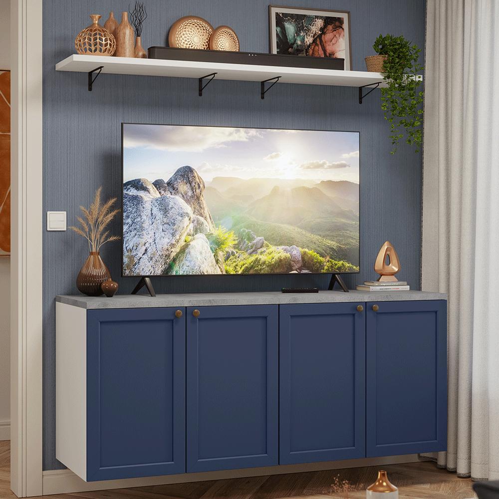 Rack para TV até 70 Polegadas + Prateleiras 160cm Branco/Azul Vik Madesa 05