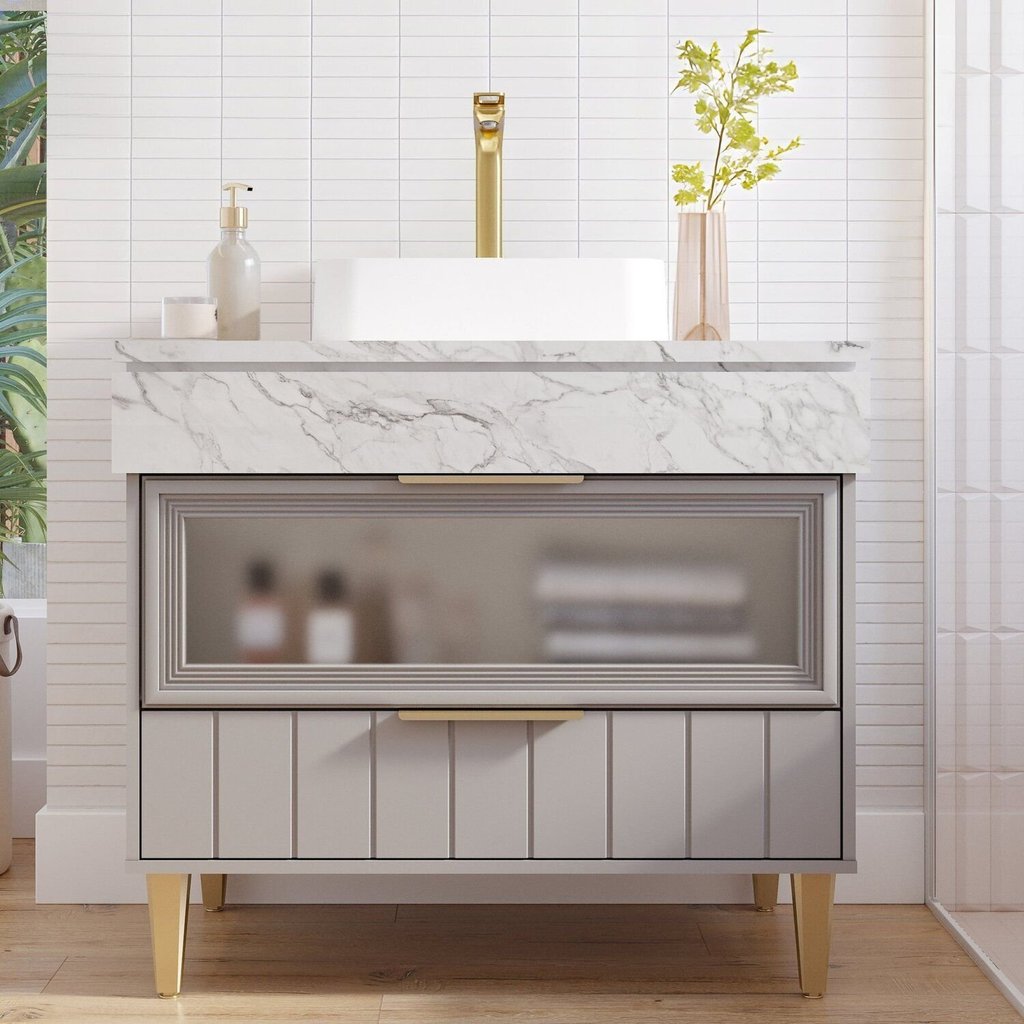 Gabinete para Banheiro 90cm com 1 Porta 1 Gaveta e Cuba de Sobrepor Bariloche Cinza/Platina Platina