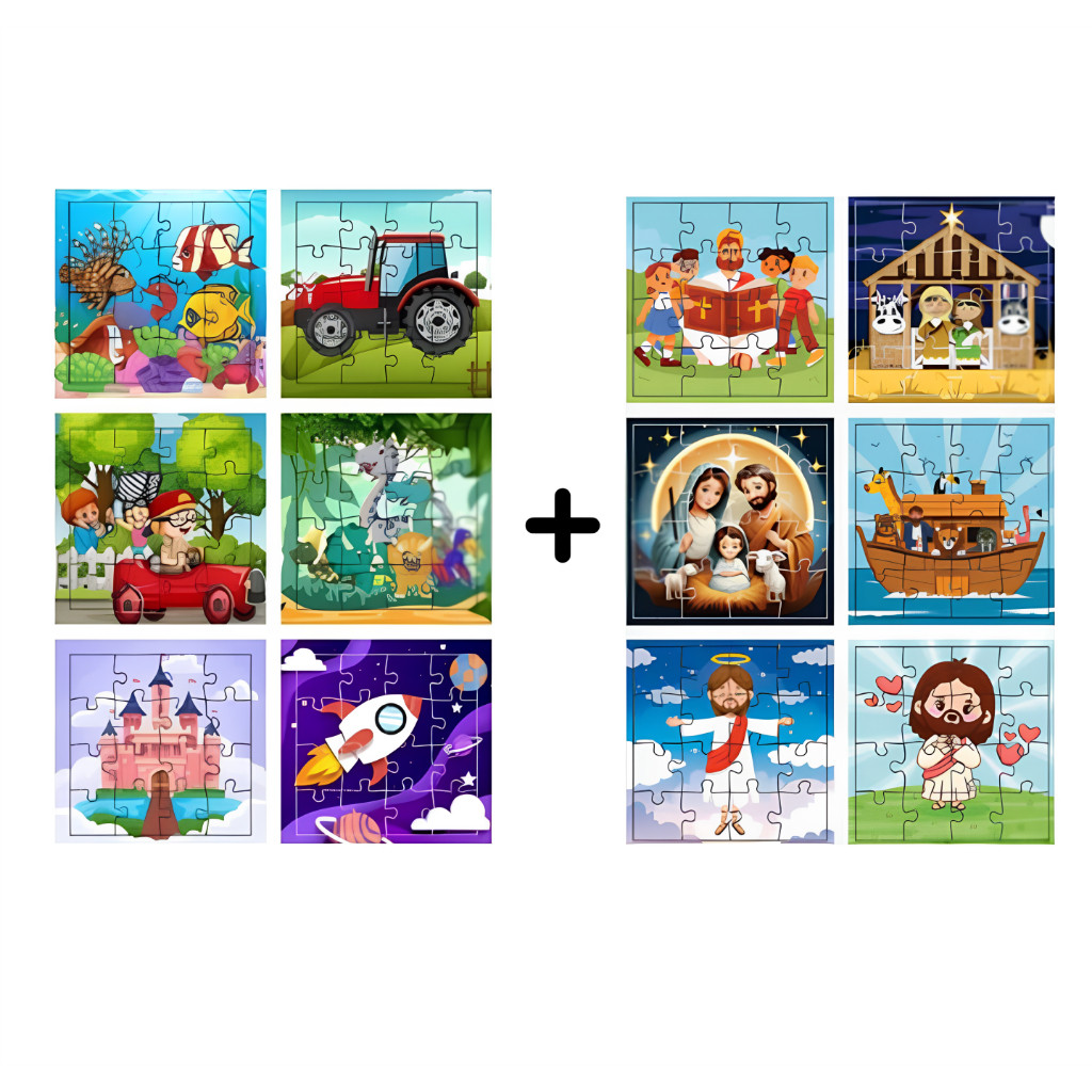 Kit 12 jogos quebra cabeça infantil em madeira mdf 16 peças cada (12 unidades) Biblia +Variado