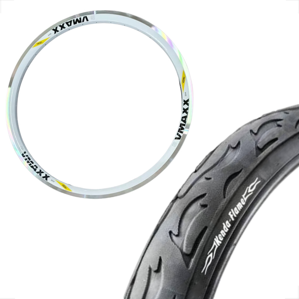 Pneu Kenda Flame Aro 26 x 2.2.125 Balão Slick + Aro vzan Vmaxx Branco vbrake Montadinha freeride