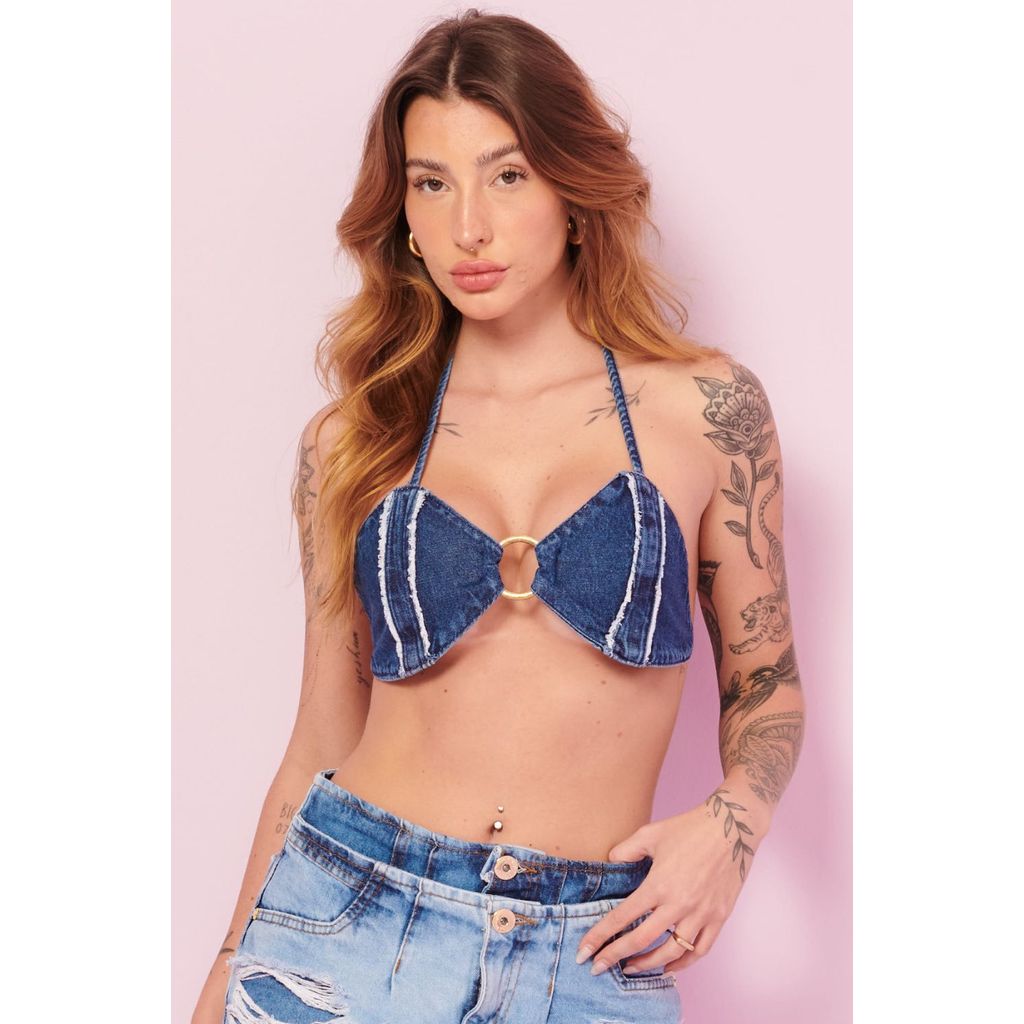 Top Feminino Com Argola Frontal Planet Girls Azul Escuro