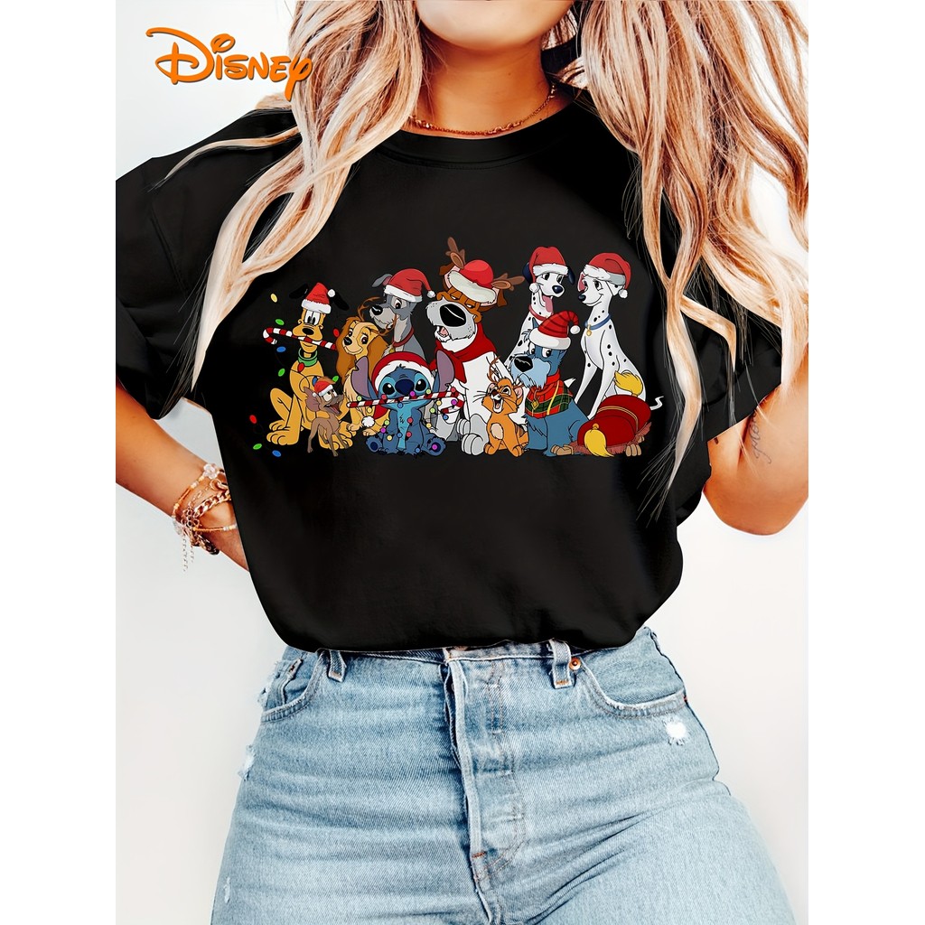 Camiseta Preta Unissex, Design de Crossover Personagens Disney Natalinos Stitch, Pluto, etc. Estilo Vintage Fã de Disney