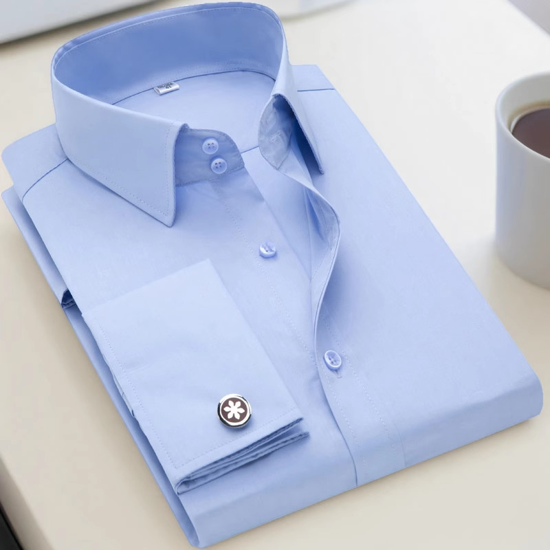 Camisa Masculina Com Abotoaduras Francesas , Slim Fit , Manga Comprida Empresarial , Sem Unhas , Formal , Cor Sólida