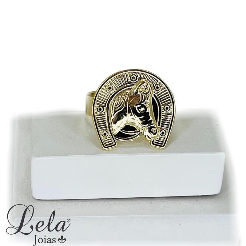 ANEL FERRADURA COM CAVALO FOLHEADO EM OURO 18K