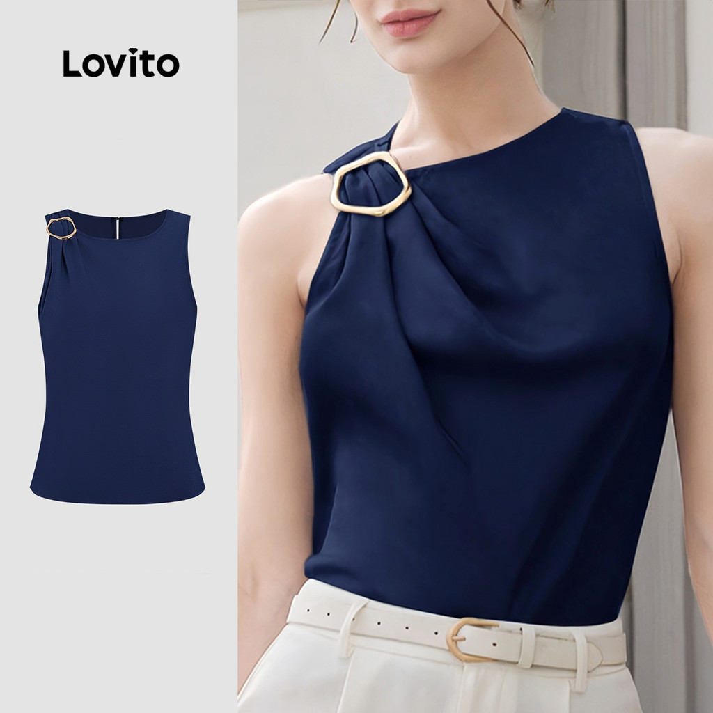 Lovito Blusa Elegante Assimétrica com Fivela de Metal para Mulheres - Primavera/verão Azul...