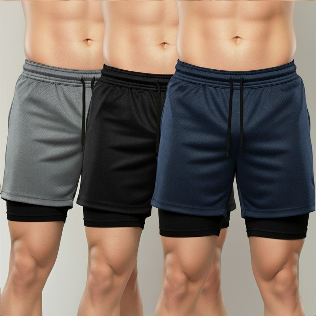 Kit 3 Shorts Masculino 2 Em 1 Sortido Academia Corrida Fitness Com Bolso
