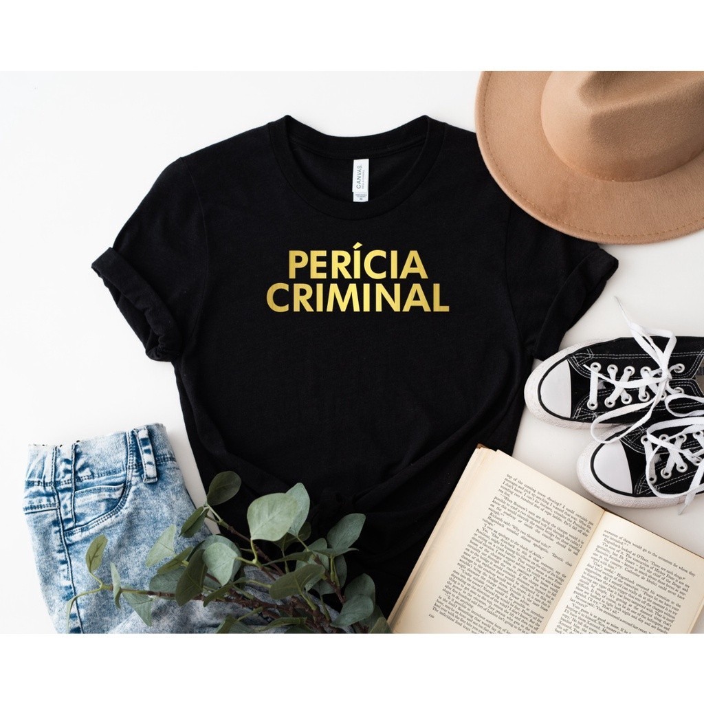 Blusa T-shirt Feminina Perícia Criminal Preta com Dourado algodao em Oferta na Shopee
