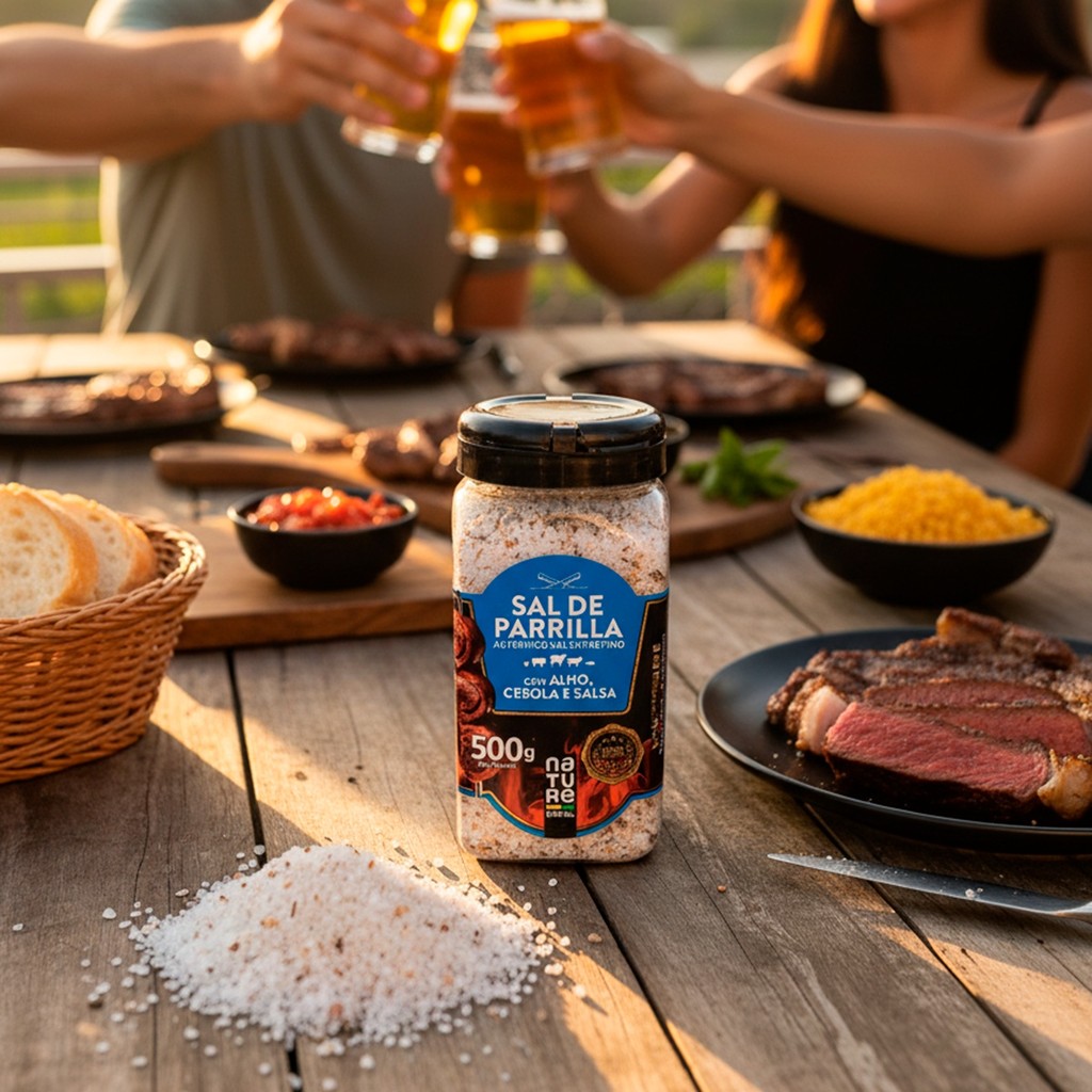 Sal de Parrilla Entrefino 500g com Alho Cebola e Salsa Temperos Para Churrasco Pote