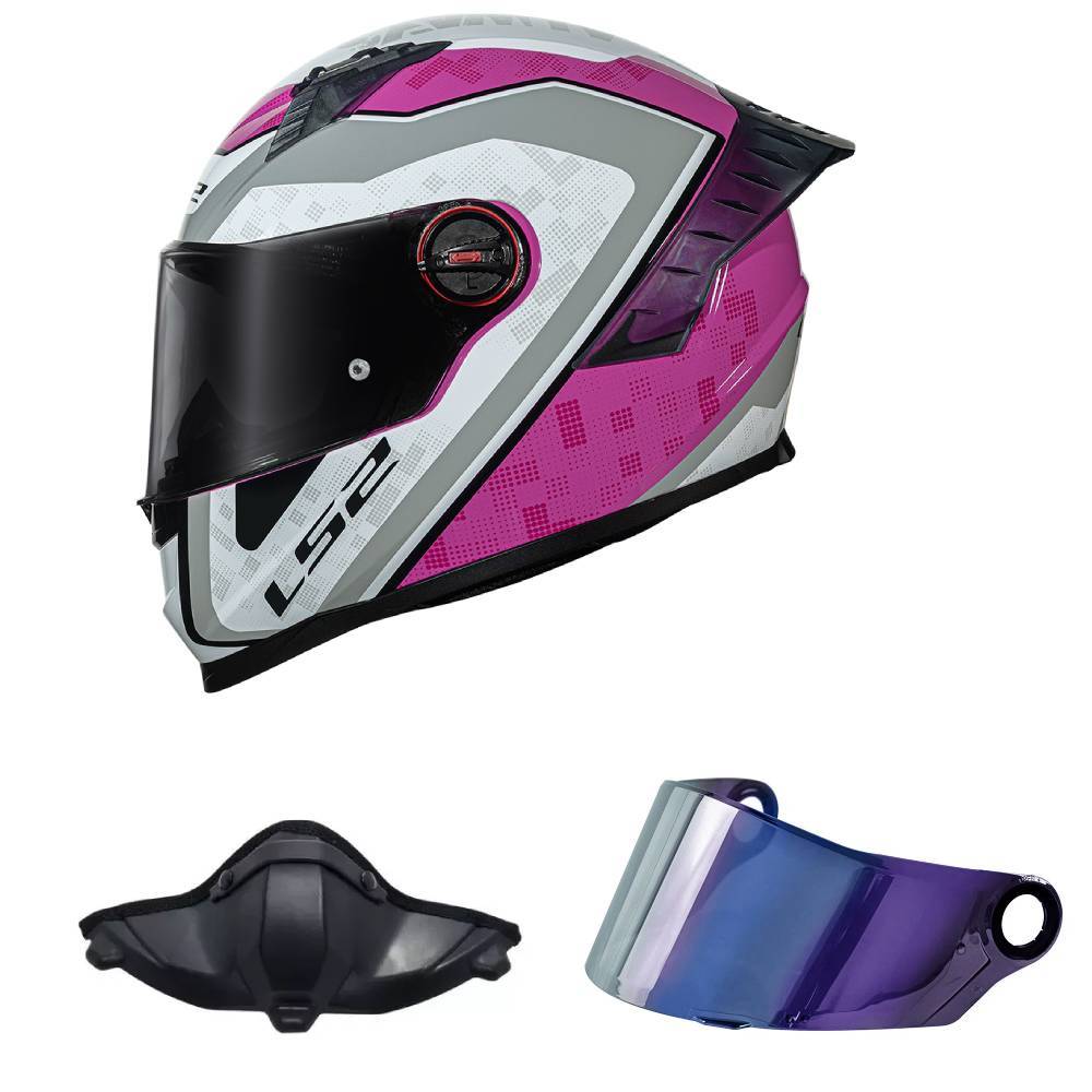 Capacete LS2 FF358 Pro Striker Cinza e Rosa Mais Viseira Camaleão e Narigueira HJC