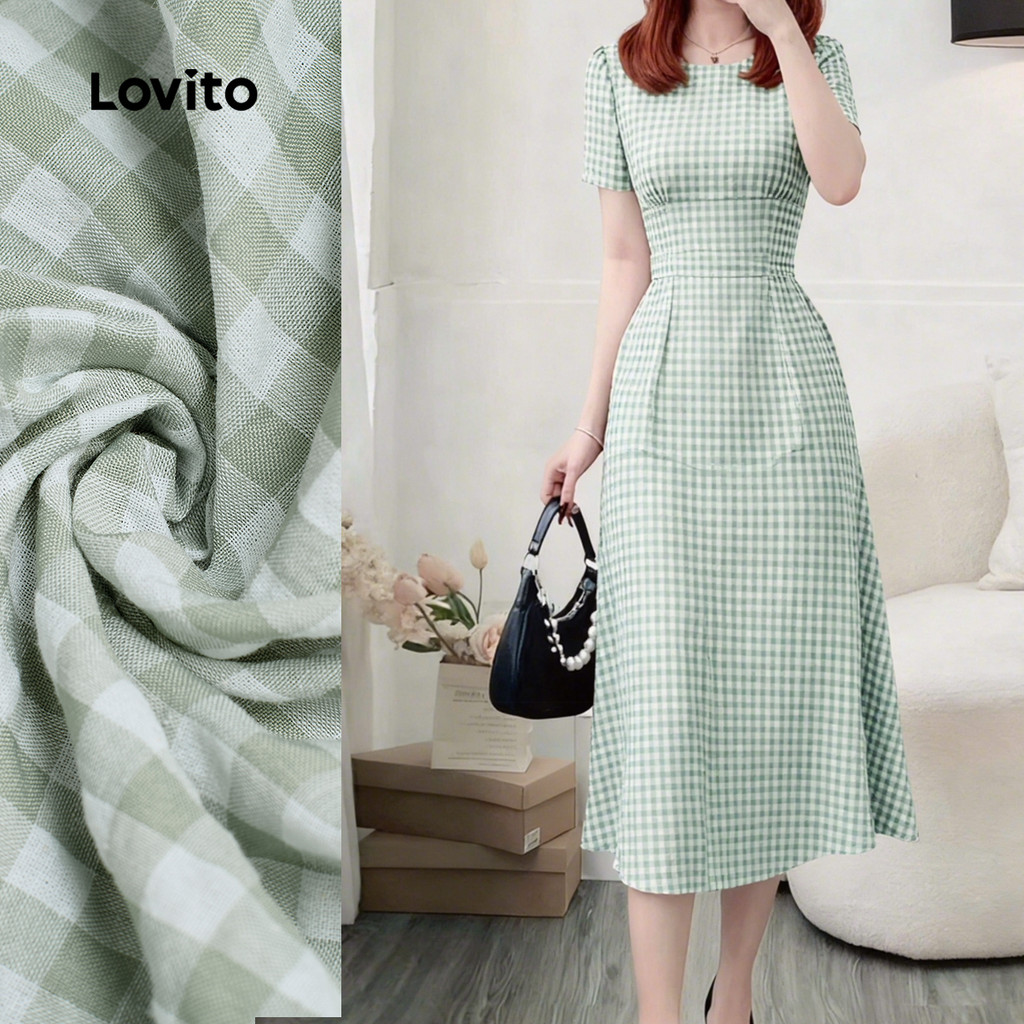 Lovito Vestido Elegante Casual com Franzido Primavera/verão Vestido Verde para mulheres L158ED1521 em Oferta na Shopee