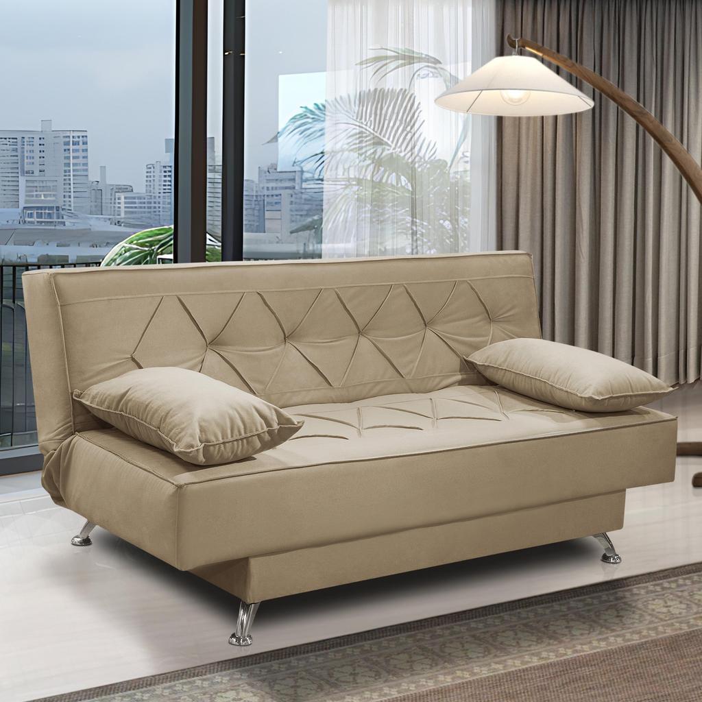 sofá cama 1,80m Íris Suede Bege Adonai Estofados em Oferta na Shopee
