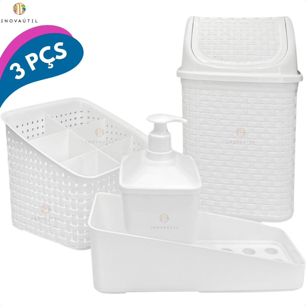Kit Pia Cozinha 3Pçs C/Lixeira 4,5lts Porta Talher 6 Divisórias Dispenser P/Detergente 600ml Branco
