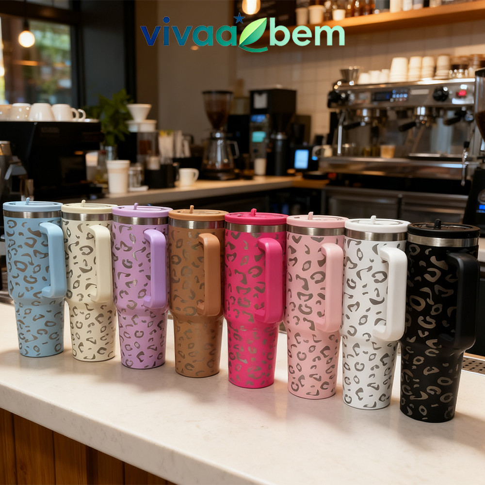 Garrafa Térmica SUPER Grande 1200ml Aço Inox Dupla Parede com Tampa de Canudo Estampa Onça Chamativa