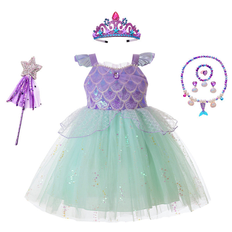 Meninas verão vestido de sereia meninas lantejoulas gaze saia crianças estilo ocidental princesa saia desempenho traje H