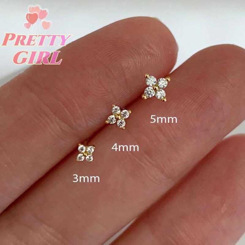 [Pretty ggirl] Conjunto De 3 Unidades/Brincos De Flor De Zircônia De Quatro Pétalas Para Mulheres Pequenos Piercing Clás