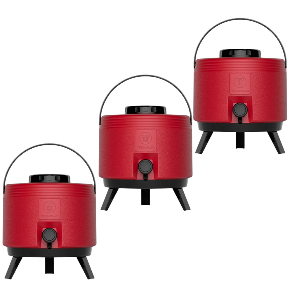 Kit 3 Garrafas Térmicas do Tipo Botijão Termolar 6 Litros Vermelho com Torneira e Pés Retráteis