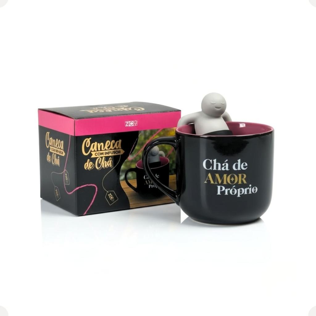 Caneca Amor Próprio 350ml Com Infusor Chá Vidro Borossilicato Tampa Filtro Autocuidado Presente Inspirador Diário