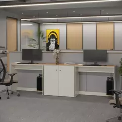 Conjunto De Escritório 3 Peças Tech Office 2 Mesas E 1 Apara - Off White E Cedro Off White E Cedro
