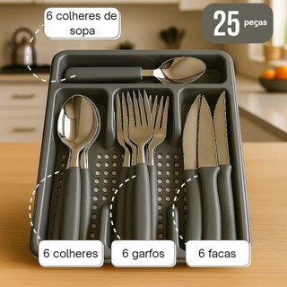 Kit Jogo de Talheres Inox 24 Pecas Com Brinde Suporte Gaveteiro Premium Brinde Talher Sor…