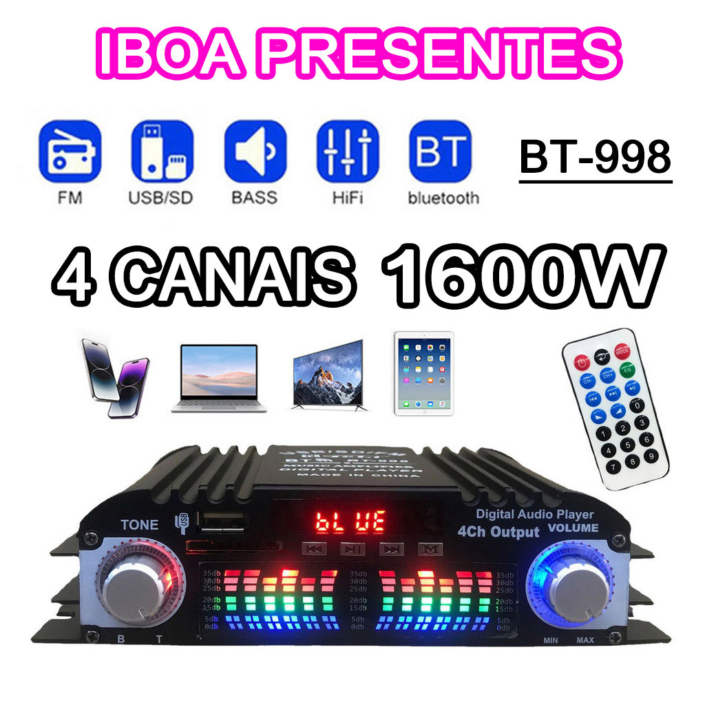 Amplificador De Áudio Hifi De 4 Canais Bluetooth Usb Sd Aux para caixas de som domésticas e sistemas de som automotivos em Oferta na Shopee