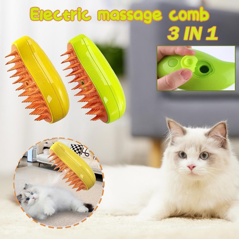 Escova Vapor 3 em 1 Elétrica Remove Pelo, Massagem, Pente Para Cães e Gatos
