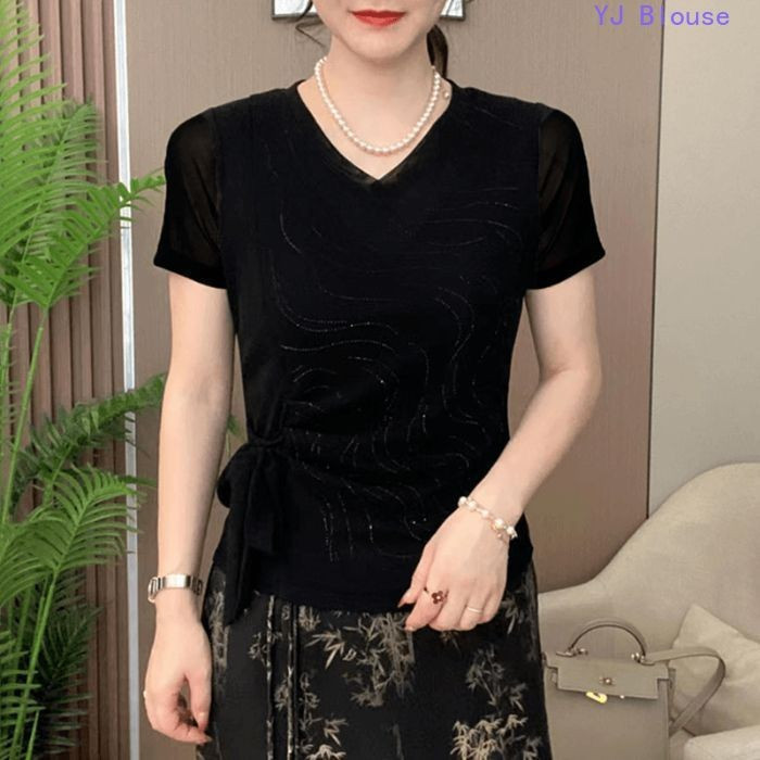 0CAG Blusa Feminina Plus Size com Decote em V Moda de Verão Versátil Manga Curta Top de Renda TXHX