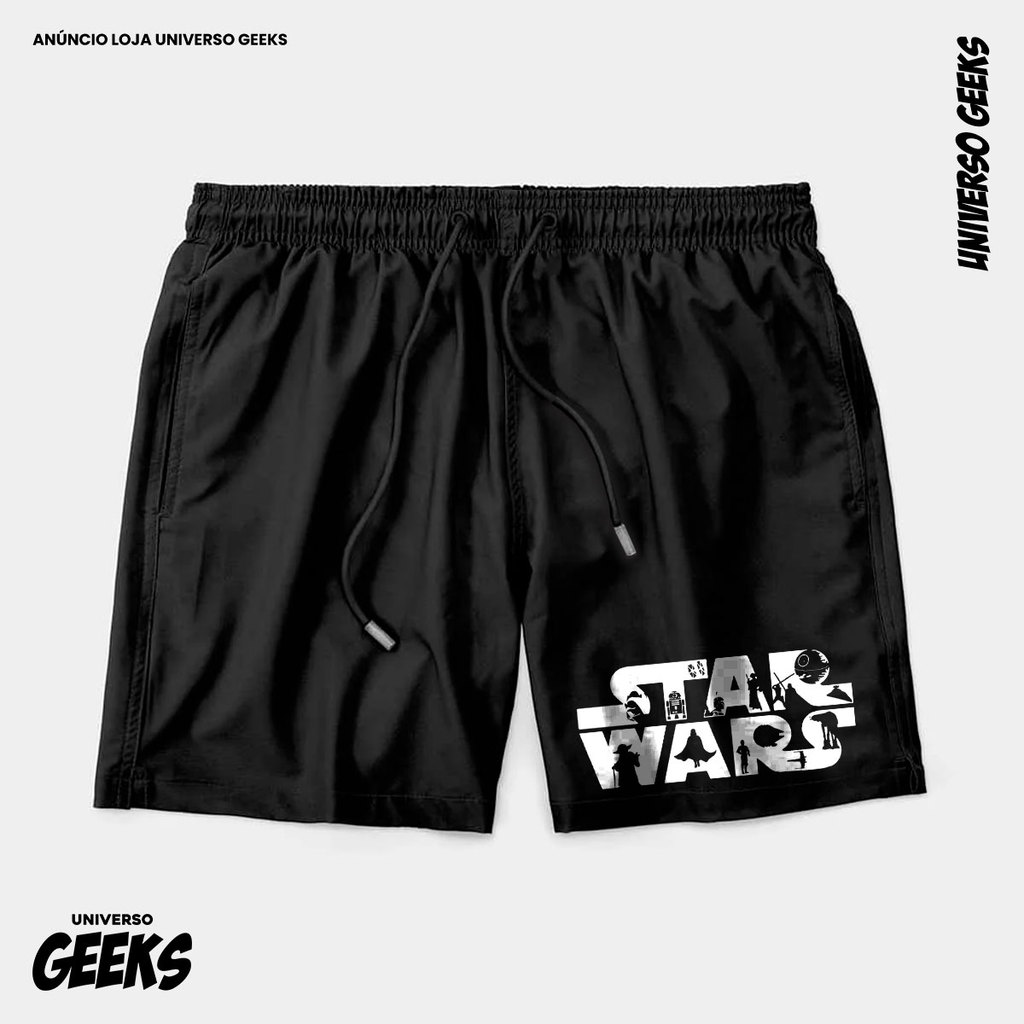 Bermuda Tactel Star Wars Logo Personagens Franquia Short Confortável Com Elastano Ideal Lazer Treino Esportes Praia