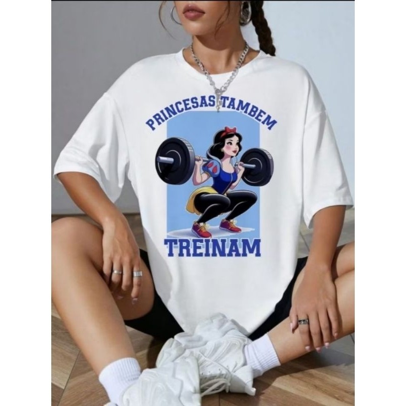 Camiseta Feminina Camisão Academia Fitness Treino Caminhada Oversized Treino Branca de NEVE